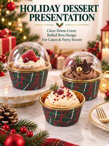 30 Pcs Christmas Plaid Cupcake Containers With Clear Dome Lids, Rolled Rim Dessert Holders For Holiday Parties, Weddings, Bakery Displays And Gift Packaging - Green - View 1