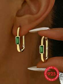 1 Pair Vintage Luxury S925 Sterling Silver Paperclip Hoop Earrings With Rectangular Green Cubic Zirconia, U-Shaped Geometric Ear Rings For Women - Gold - View 1