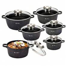 Elitehoff 14-Piece Nonstick Cookware Set, Marble-Coated Aluminium Pots With Glass Lids, Induction & Gas Compatible, Black Or Grey - View 4