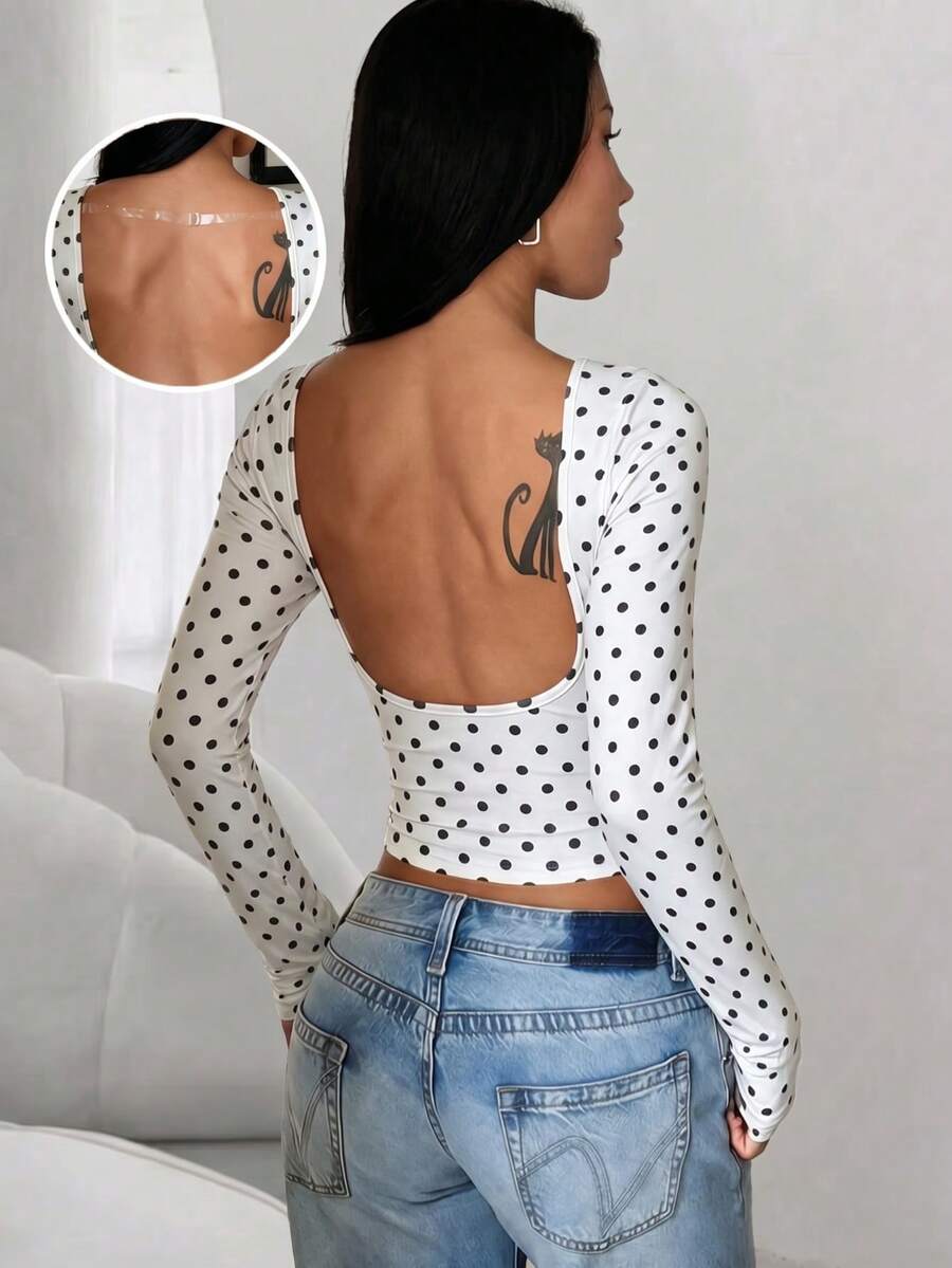 Women's Daily Fashion Versatile Design Backless Sexy Elegant Polka Dot Print Long Sleeve Top - White - View 1