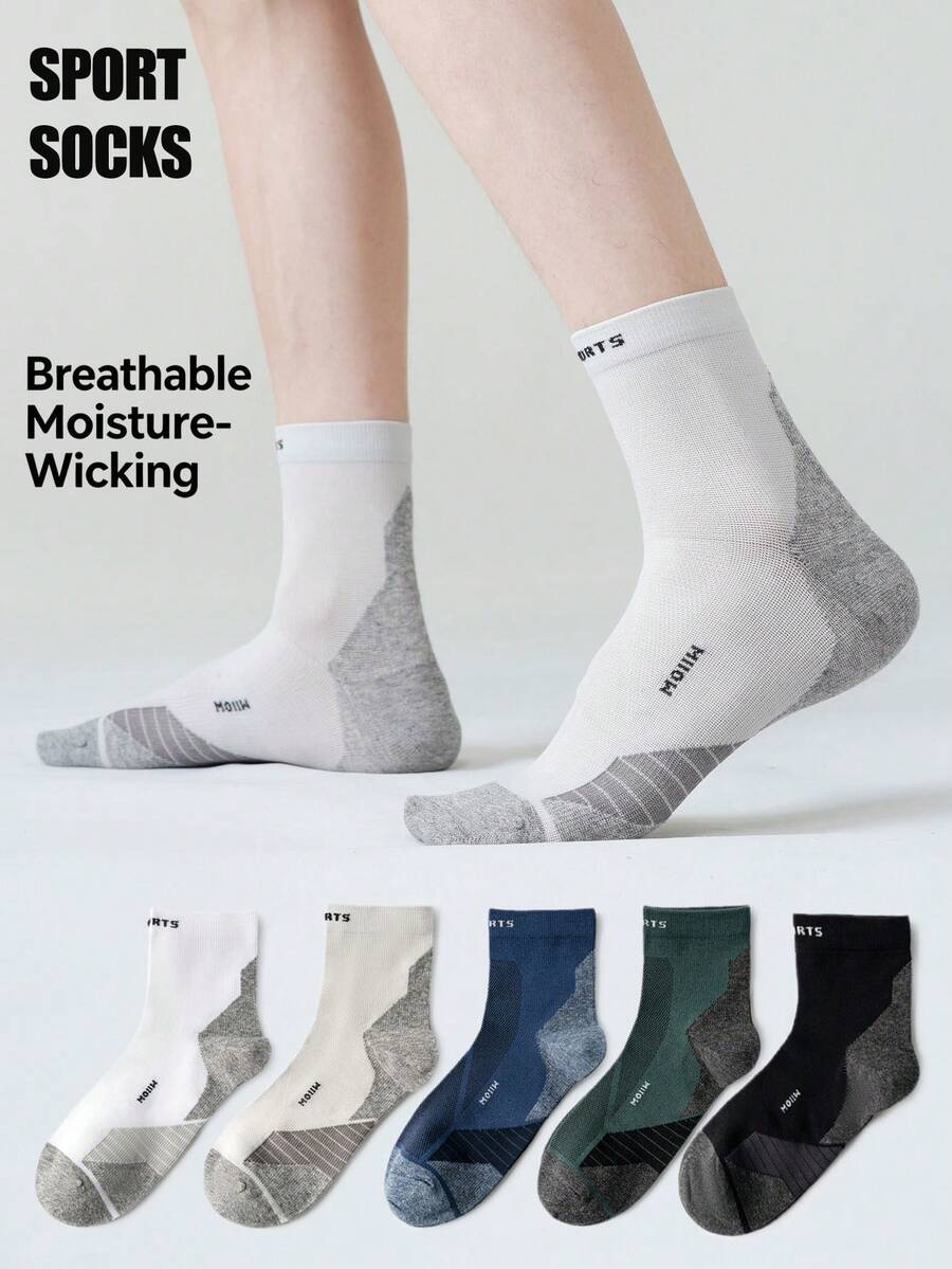 5 Pairs Men's Athletic Crew Socks, Breathable Mesh Moisture Wicking Sports Socks, Anti Blush Cushioned Mid Calf Socks For Running Gym Training - Multicolor - View 1