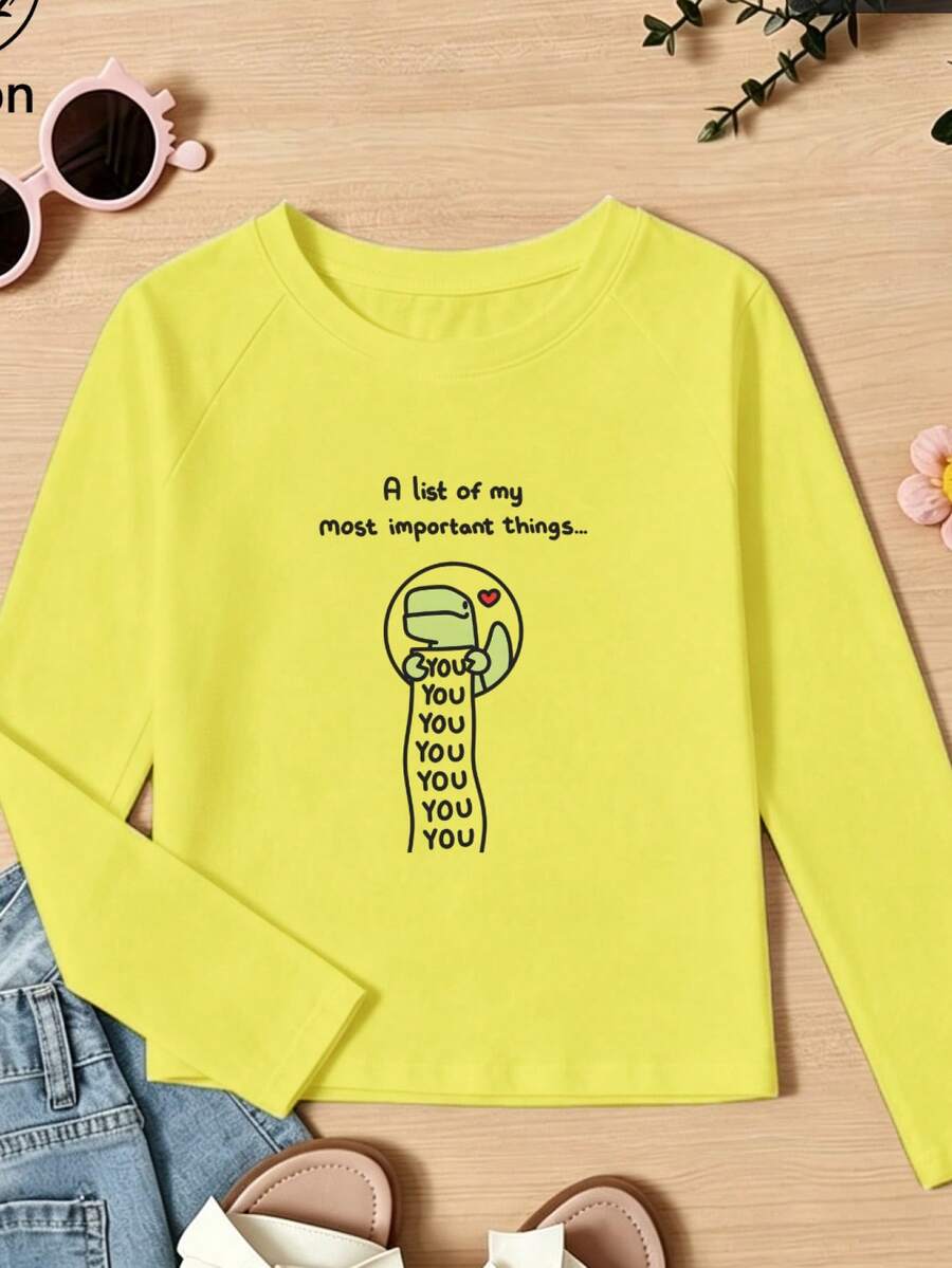 Girls' Cotton Raglan Sleeve Long Sleeve T Shirt, Fall Winter Long Sleeve Top, Unique Cartoon Print, Cute Sweet Girls' Academia Style - Bright Yellow - View 1