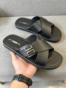 Men's Cross Strap Sandals, Metal Buckle Decor Artificial Leather Open Toe Flat Slippers, Casual Non-Slip Outdoor Beach Daily Wear Summer Black Sandals - Black - View 4