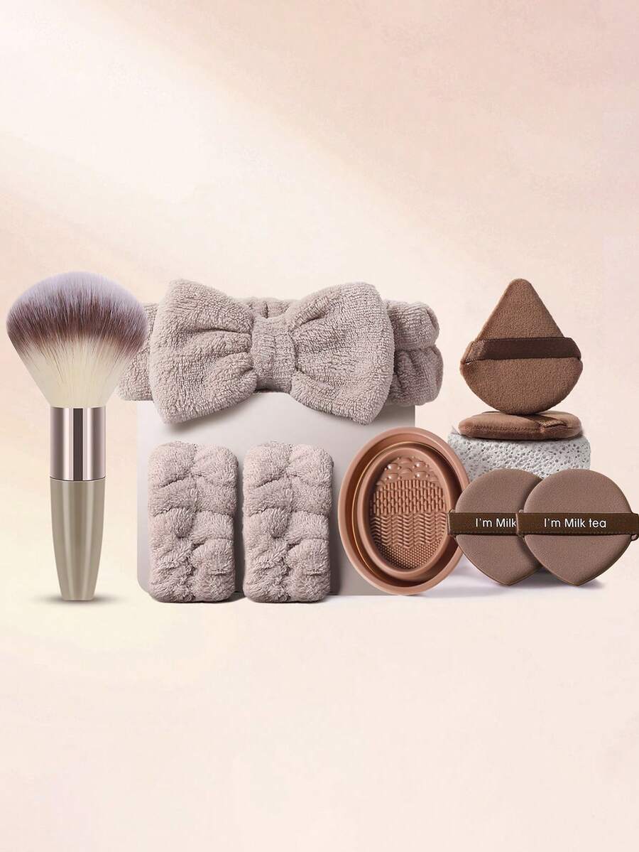 9Pcs/1pc Coffee Brown Makeup Tool Set Makeup Brushes Wrist Headband Triangle Puff Air Cushion Puff Makeup Cleaning Brush For Foundation Blush Contour Eyeshadow Blending Dry Wet Use - Coffee Brown - View 1