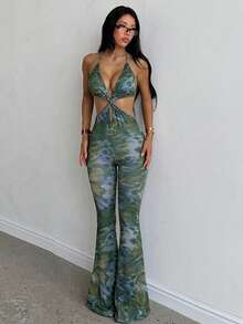 Autumn Sexy Twist Print Spaghetti Strap Jumpsuit, Slim Fit, For Vacation, Party, Date - Green - View 2