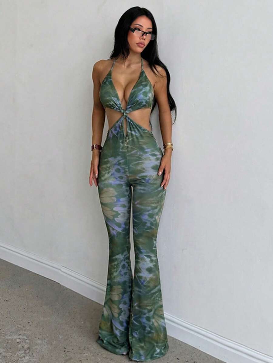 Autumn Sexy Twist Print Spaghetti Strap Jumpsuit, Slim Fit, For Vacation, Party, Date