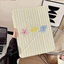 1pc Yellow Stripe Watercolor Flower Seashell Conch Tri-Fold Back Completely Transparent Case, Shell Slim Stand Shockproof Anti Fall Pen Holder Anti-Fall Tablet Cover Compatible With IPad PRO/AIR, Compatible With SAMSUNG,Compatible With XIAOMI Pad 5/6/7,Compatible With Oppo Pad,Compatible With Huawei Matepad,Compatible With Honor Pad - Multicolor - View 2