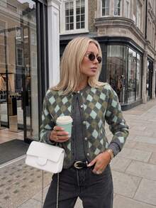 Senya 2026 Women's Diamond Pattern Knit Cardigan, Green-Grey Round Neck Button Sweater, With Pockets, College Style Vintage Comfortable Long Sleeve Autumn/Winter Top - Army Green - View 2