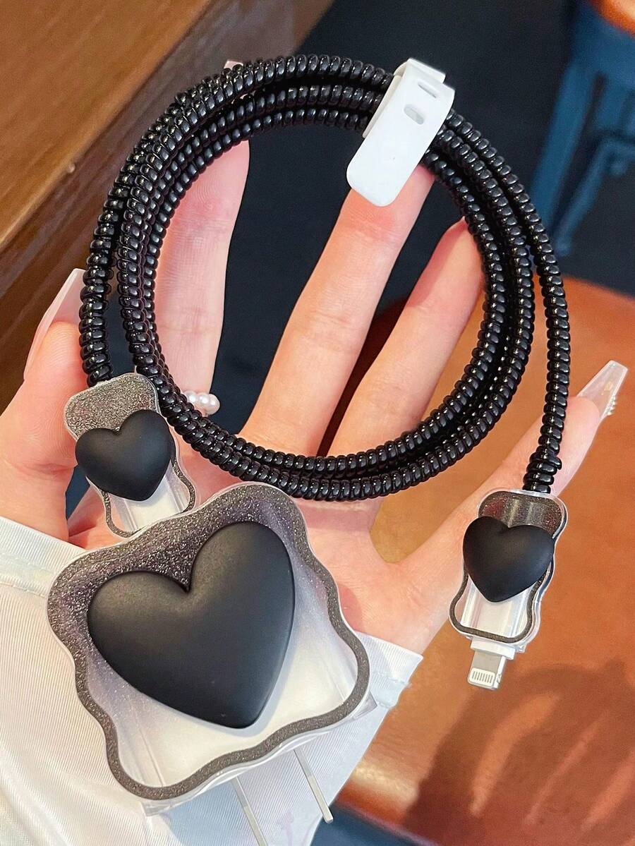 可愛3D黑色蝴蝶結裝飾數據線保護套組，相容 iPhone 18/20W 充電器，數據線保護套、充電頭保護套，防髒，可愛日韓風