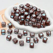10pcs 15mm Autumn/Winter Brown Square Acrylic Beads With Blue Printed Pattern, DIY Jewelry Making Materials For Bracelets, Necklaces, Keychains, Bag Charms - Brown - View 3