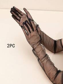 1 Pair Women Solid Color Long Mesh Evening Gloves Halloween - Transparent Long Gloves - View 12