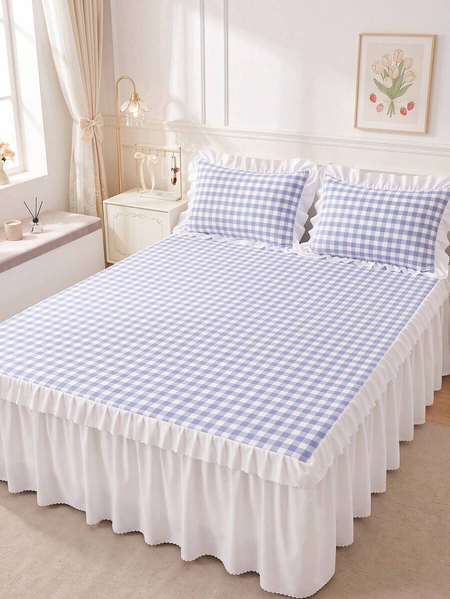 1pc Ruffle Bed Skirt Blue Plaid Print Bedding Bed Cover Mattress Protector Room Decor Home Textile Fabric Soft Breathable Comfortable Lightweight Suitable For Twin/Full/Queen/King Size Beds Dust-Proof Anti-Slip All Season Use Machine Washable