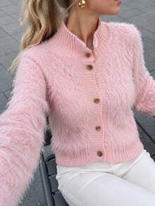 Pink Stand Collar Fuzzy Knit Cardigan, Loose Fit Gold Button Sweater, Suitable For Autumn Weekend Gatherings And Halloween Sweet Fashion Looks - Pink - View 1