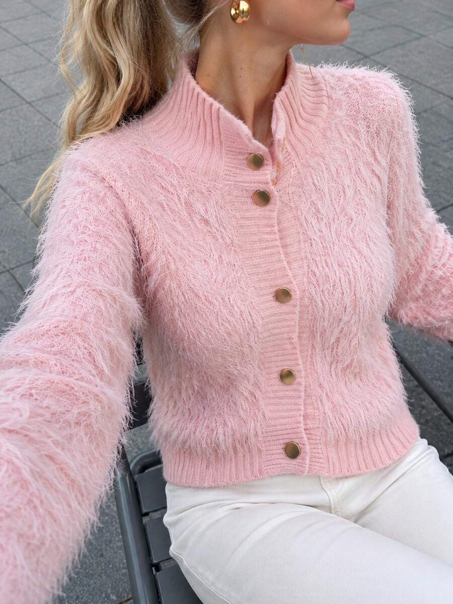 Pink Stand Collar Fuzzy Knit Cardigan, Loose Fit Gold Button Sweater, Suitable For Autumn Weekend Gatherings And Halloween Sweet Fashion Looks - Pink - View 1