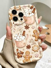 Phone Case: Hand Drawn Christmas Gingerbread For Man Hot Cocoa Candy Cane Festive Doodle Pattern Cream Phone Case Compatible With Iphone 11 12 13 14 15 16 17 18 Pro Pro Max - Beige - View 1