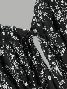 Women Fall Elegant Ditsy Print Mini Dress, Square Neck Tie‑Front Ruffle Short Sleeve Tiered Dress For Holiday Festival - Black - View 6