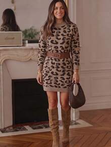 Gaun Sweater Lengan Panjang Motif Leopard Vintage untuk Wanita Ukuran Besar - MultiWarna - View 6