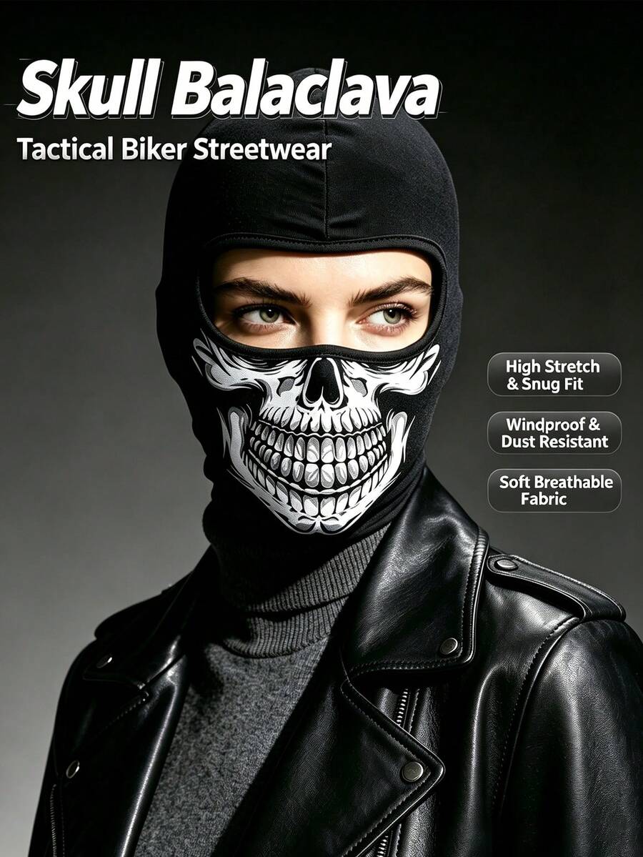 3pcs/2pcs/1pc Balaclava Skull Print Cycling Face Mask Motorcycle Ski Mask Suitable For Halloween Costume Party And Outdoor Sports - Black - View 1