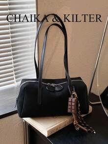 CHAIKA & KILTER 1件裝純色麂皮布料女款復古時尚啞光保齡球包，對比色絎縫縫線、雙手柄設計、拉鍊開合，適合日常與外出使用（附吊飾） - 黑色 - 查看 5