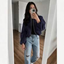 女款休閒純色拉鍊短夾克外套，附口袋，長袖柔軟色調開襟衫，極簡百搭秋冬外套 - 藏青色 - 查看 3