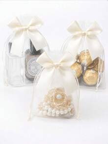 24pcs Ivory Organza Gift Bags With Satin Drawstring Bow, Mesh Gift Bags For Wedding, Bridal Shower, Birthday Party, Candy Chocolate Jewelry Packaging Bags, Cosmetics, Jewelry, Bulk Packaging Bags - Milky White - View 1