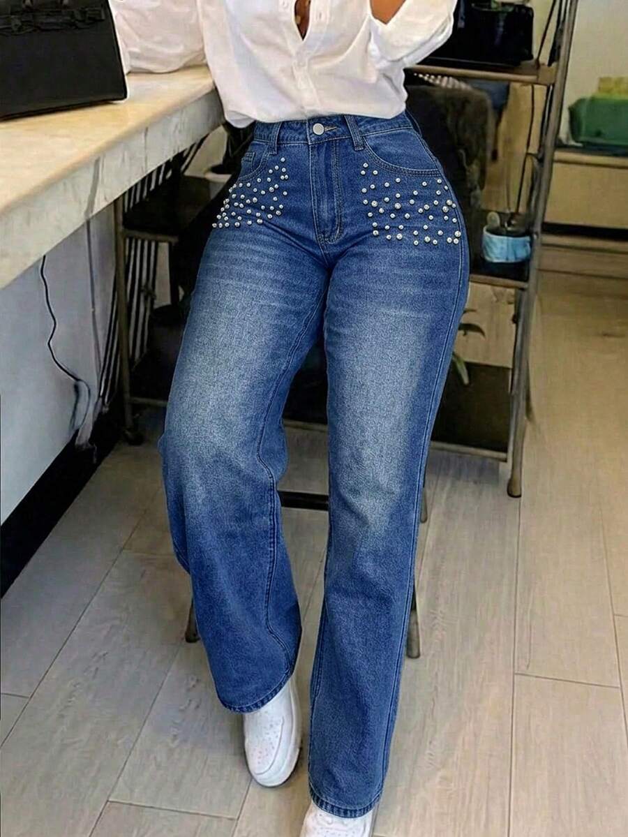Women's Casual Straight Leg Denim Jeans With Pockets And Buttons - Dark Wash - View 1