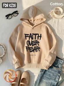 Autumn Winter Girls Fleece Hoodie With FAITH OVER FEAR PSALMS 118 Print White Black Text Long Sleeve Ribbed Cuffs Y2K - Apricot - View 3