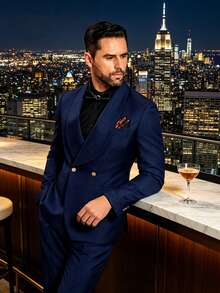Men's TR Fabric Large Lapel 2-Piece Tuxedo Suit Jacket & Trousers, Fashionable Formal Wear, Comfortable For Wedding, Evening Party, Event, Holiday Celebration, All Season - Navy Blue - View 4