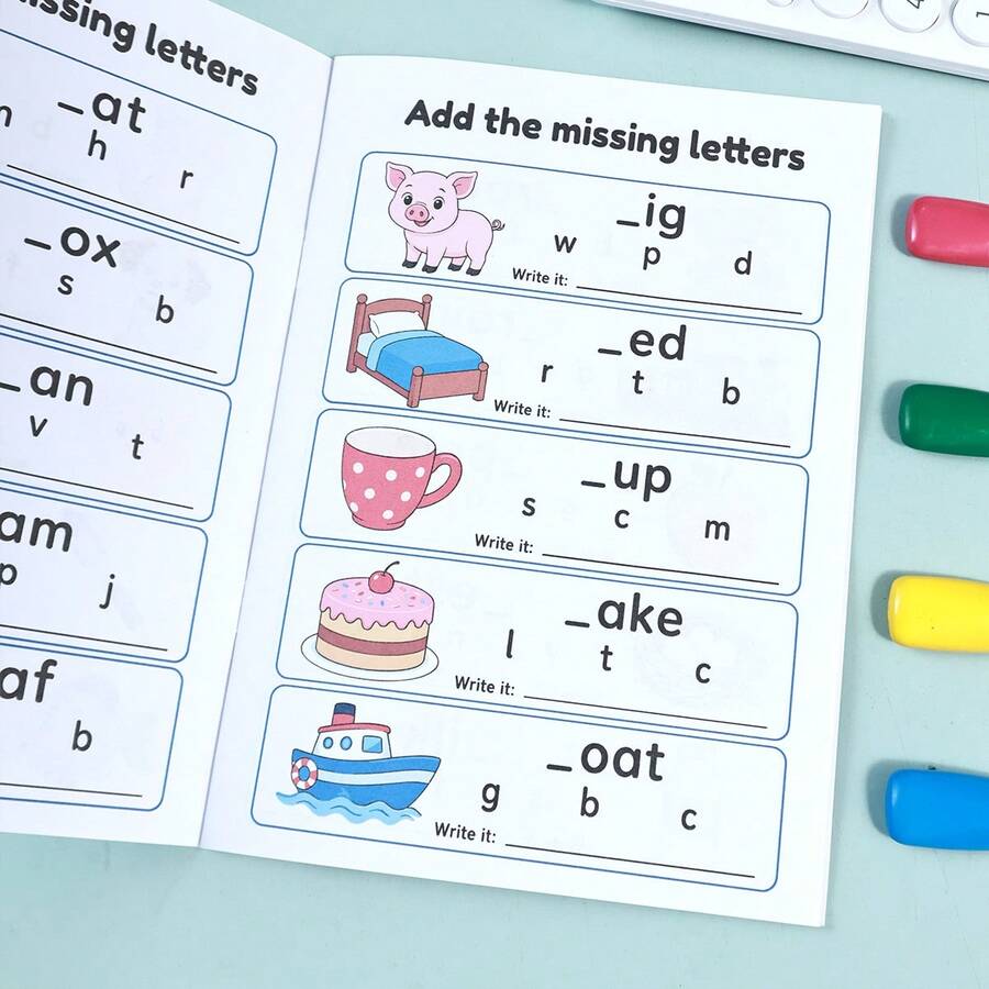 Children's English Letter Completion Practice Book, Picture-Based Missing Word Completion, Phonics Practice Workbook, Back To School Student English Spelling Enlightenment Homework Book, Early Education Educational Training Notebook