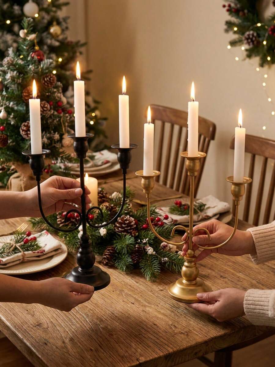 3 Arms Metal Candelabra, Vintage Taper Candle Holder, Table Centerpiece Decor For Christmas Wedding Dinner Party, Vintage Candlestick, Metal Candle Stand, Table Centerpiece, Christmas Table Decor, Rustic Home Decor, Dinner Party Candle Holder. - Fashion Design - View 1