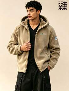 mulinsen Men's Hooded Zipper Fleece Jacket With Thick Lining For Warmth, Outdoor Casual Winter Loose Top - Khaki - View 2