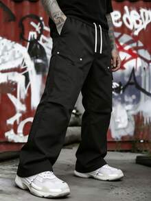 Men's Elastic Drawstring Waist Cargo Pants, Multi-Pocket Rivet Decor Wide Leg Straight Leg Streetwear Casual Long Pants - Black - View 2