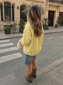 Women Fall Fashion Casual Yellow Stand Collar Oversized Long Sleeve Jacket For Going Out Vacation - Light Yellow - View 3