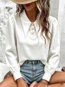 Plus Size Women's Solid Color Lapel Blouse With Fashion Pearl Buttons, Lantern Sleeve Top - White - View 1