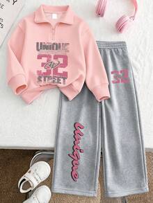 2pcs/Set Girls Casual Half-Zip Polo Collar Sweatshirt With 32 And Letter Print, Paired With Simple Wide Leg Pants, Autumn/Winter New Girls Outfit - Pink - View 2