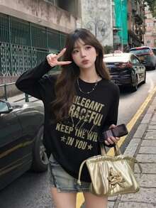 Women's Round Neck Long Sleeve T-Shirt, Spring/Autumn New Star Pattern & Letter Print, Fashion Casual Versatile Loose Fit Top Black - Black - View 1