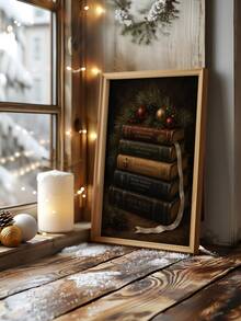 1pc Framed Canvas Wall Art Decor, Vintage Stacked Christmas Books And Pine Branch Ornament Print, Dark Academia Rustic Holiday Wall Hanging, Aesthetic Atmosphere Home Decor, Modern Home Decoration, Room Decor, Dorm Decor, Bedroom Decor, Bathroom Decor, Kitchen Decor, Dining Room Decor, Living Room Decor, Office Decor - Books - View 7
