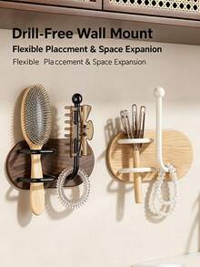 No-Drill Wall-Mounted Hair Tool Organizer, Wooden Bathroom Storage Shelf, Combines Practical Storage And Bathroom Decor, Suitable For Combs, Hair Clips And Hair Ties, Space-Saving - Multicolor - View 1
