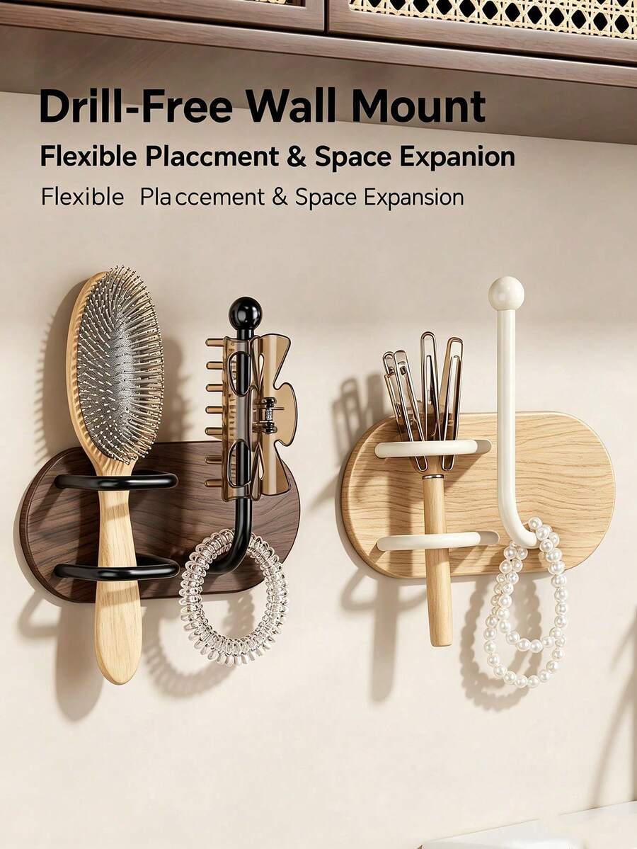 No-Drill Wall-Mounted Hair Tool Organizer, Wooden Bathroom Storage Shelf, Combines Practical Storage And Bathroom Decor, Suitable For Combs, Hair Clips And Hair Ties, Space-Saving - Multicolor - View 1