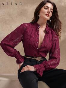 Elegant Women's Blouse With Floral Cutout Design, Suitable For Daily Wear And Dates, Layerable, 2026 Autumn/Winter Fall Fashion Office Wear - Burgundy - View 1