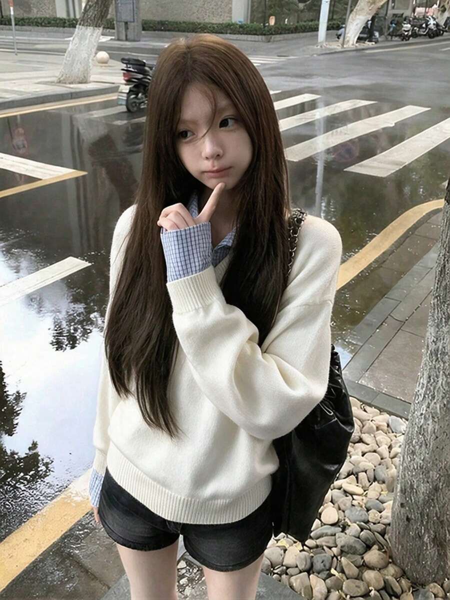 Setelan 2 Potong Gaya Korea Musim Semi/Gugur untuk Wanita: Sweater Berkerah dan Kemeja Rajut.