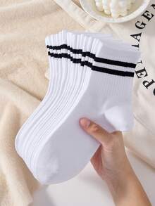 5 Pairs Striped White Women's Mid-Calf Socks, Non-Slip Comfortable Soft, Suitable For Autumn And Winter - Multicolor - View 3