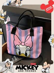Miniso 迪士尼 Daisy Duck 帆布托特包，粉色與紫色垂直條紋印花，附手柄肩背包，適合日常使用 - 黑色 - 查看 3