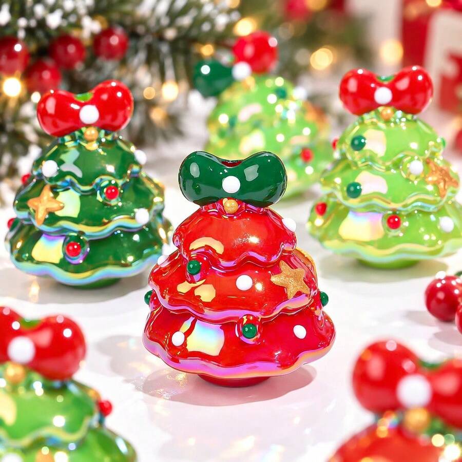 2pcs Shiny 3D Bow Christmas Tree Beads 28x34mm AB Plated Acrylic Beads, Suitable For Jewelry Making DIY Keychain Phone Chain/