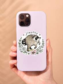 1Pc Jimothy Cute Raccoon Floral Wreath Sticker, Hand Drawn Cartoon Animal Waterproof PVC Vinyl Decal, Aesthetic Cottagecore Sticker For Laptop Water Bottle Car DIY Decor, Animal Lover Novelty Gift - Multicolor - View 3