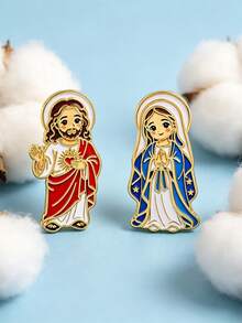 Catholic Religious Enamel Lapel Pins, Holy Mary And Sacred Heart Jesus Cartoon Brooch Set, Spiritual Decor Accessories, Faith Gift For Christians - Brooch - View 1