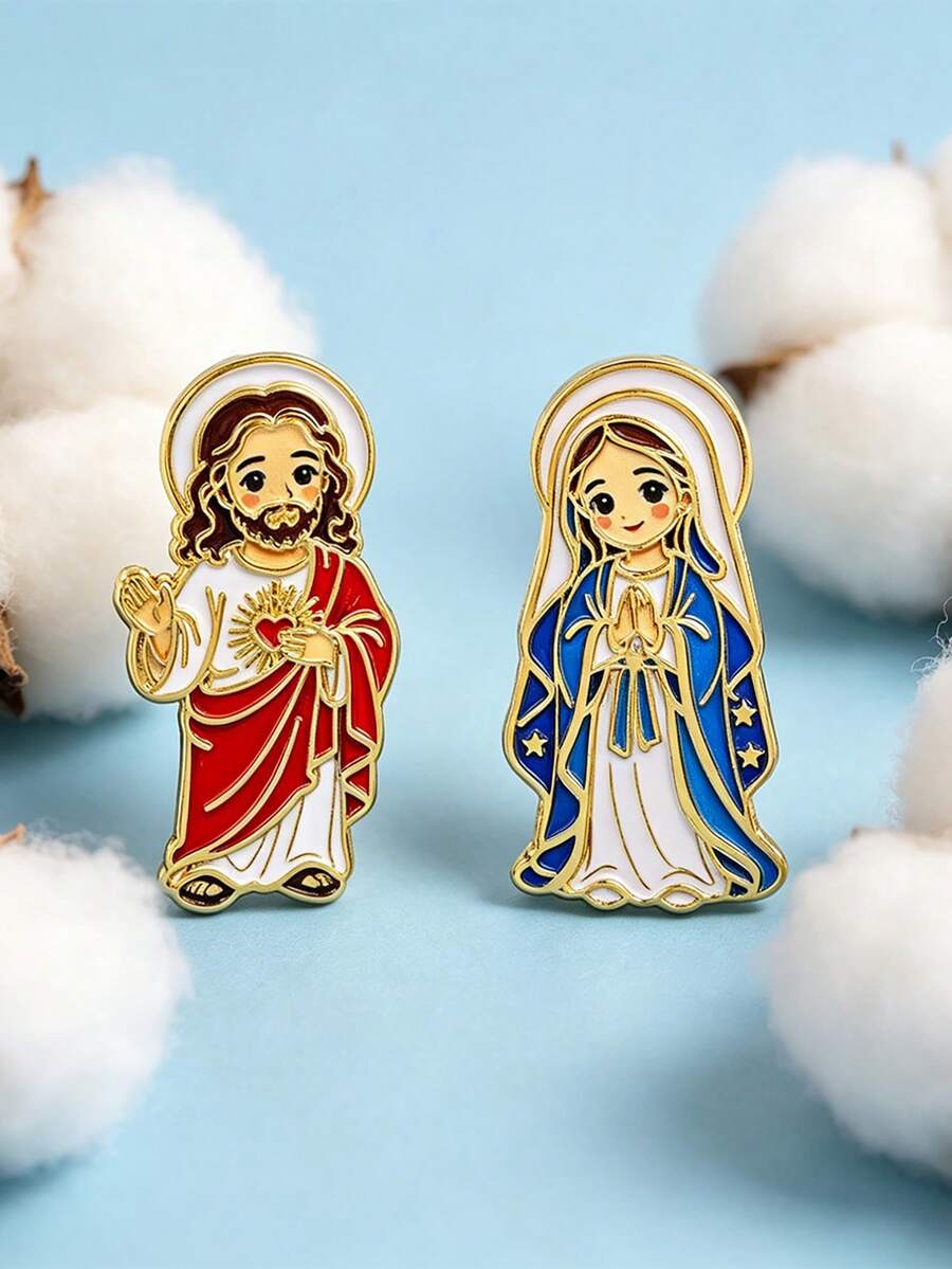 Catholic Religious Enamel Lapel Pins, Holy Mary And Sacred Heart Jesus Cartoon Brooch Set, Spiritual Decor Accessories, Faith Gift For Christians - Brooch - View 1