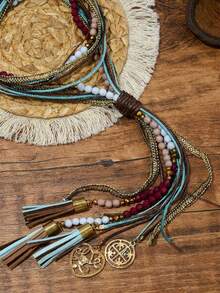 1pc Bohemian Tassel Long Necklace, Multi-Strand Colorful Beaded Y-Shaped Leather Cord Sweater Chain With Tassel Pendant, Suitable For Women's Daily Wear - Blue - View 4