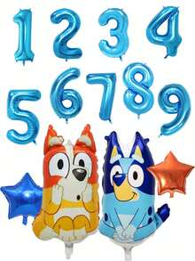 MASSDI Cartoon Character Birthday Balloon Set, Sitting And Bingo Aluminum Balloons, Bright Cyan Digit 1 Balloon, Dual Color Star Mylar Balloons, Easy Inflate Reusable Supplies For Garden Birthday Party Photoshoot - Balloon - View 5