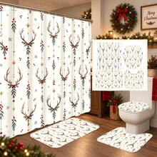 1pc/4pcs Deer Horn & Red Berry Hanging Branch Pattern Multi-Functional Bathroom Decor Shower Curtain Set, Free 12 Hooks, Premium Holiday Atmosphere, Bathroom Mat, U-Shaped Bath Mat And Round Toilet Lid Cover, Suitable For All Scenes Decoration, Bathroom Set - Antler Red Fruit Dangle Branch - View 1